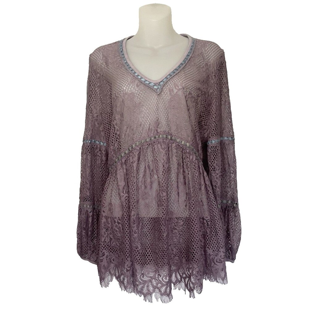 Adore Purple Mesh Lace Top Sz L Long Sleeve Whimsigoth Fairy Layer Asymmetrical